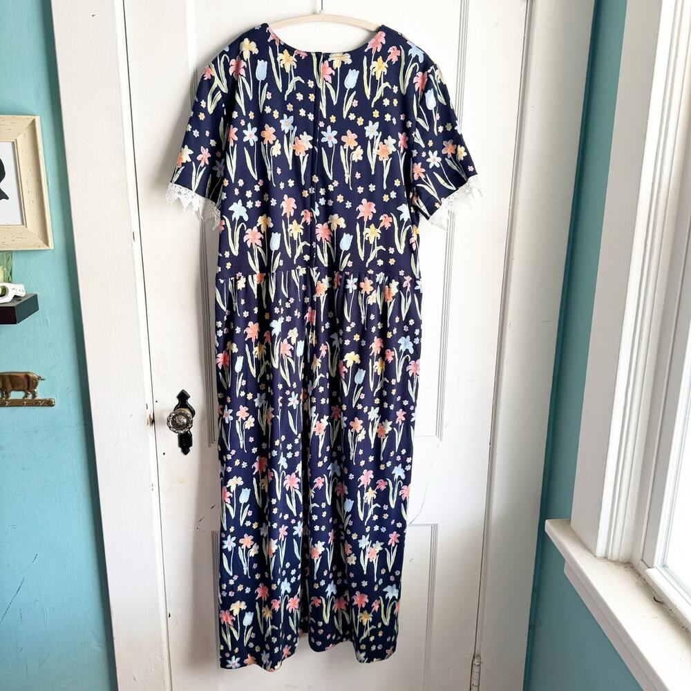 VTG Talbots Floral Maxi Dress Lace Sleeve Detail Tulip Print Navy Short Sleeve L - Picture 12 of 16